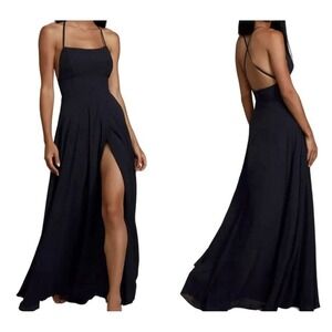 Lulus Dreamy Romance Backless Front Slit Chiffon Maxi Dress Size Medium Black